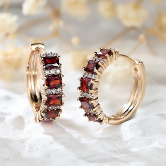 14K Gold 2ct Red Ruby Gemstone 1ct Diamond Small Hoop Earrings 14 Karat Jewelry - Picture 2 of 8